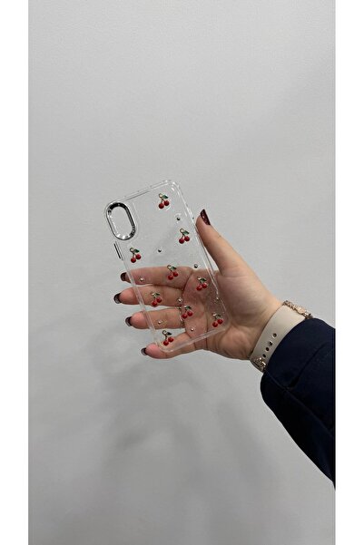 TEKNOLABTR İphone X / XS Uyumlu Kiraz Desenli Şeffaf Simli Darbeye Karşı Dayanıklı Kılıf