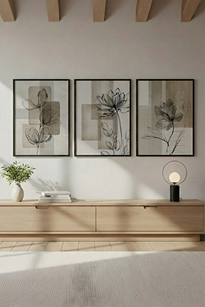 huhuli Ahşap Siyah Çerçeveli 3'lü Wabi Sabi Koleksiyon Tablo Seti Huhu714