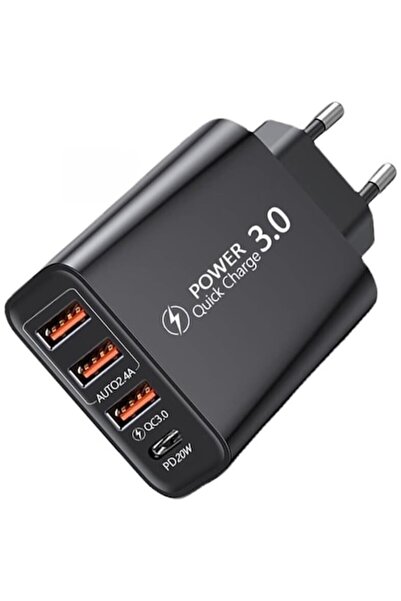 OEM Smart Universal 4-Port Fast Charger (3x USB + 1x USB-C PD 20W) QC 3.0, Black