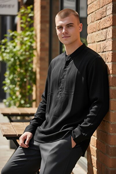 MODA Keten Yarım Patlı İnce Yakasız Rahat Gömlek