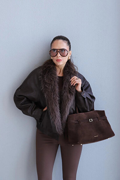 Purple by Banu Acı Kahverengi Kürklü Deri Ceket