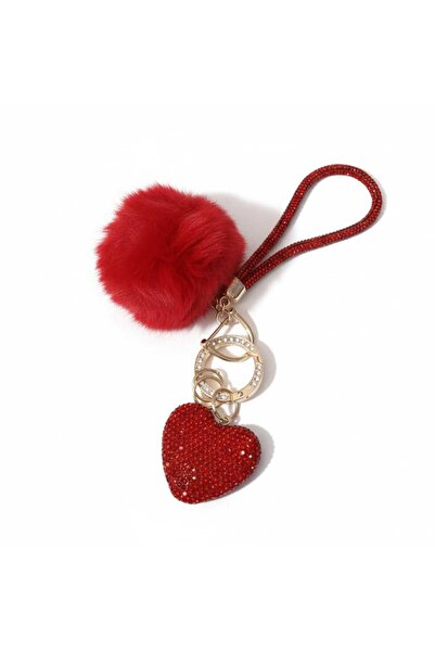 Daily Bazaar Luxury Heart and Plush Pompon Keychain: Sparkling Elegance