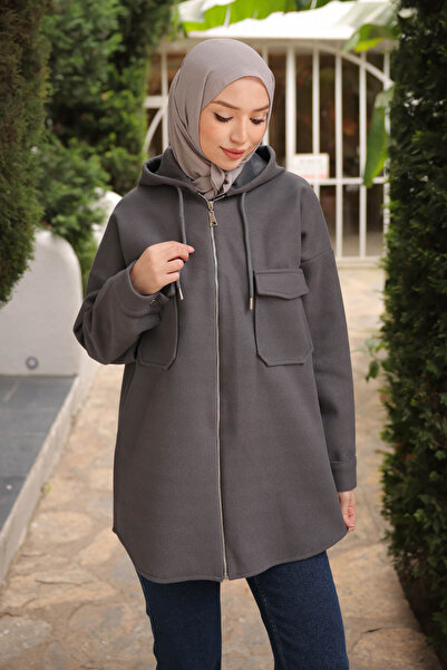 İmajButik Smoked Hooded Zippered Cashmere Jacket