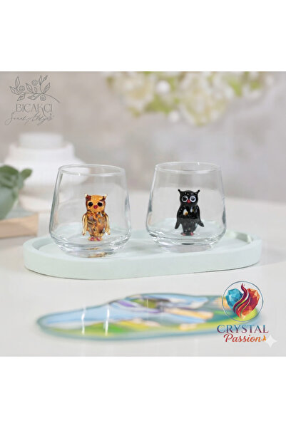 Crystal passion Handmade Special Murano Glass Water Glass Set of 2 with Owl F...