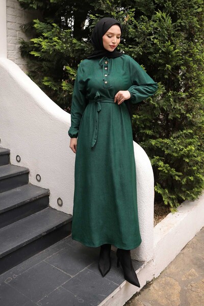 İmajButik Emerald Green Belted Sleeve Elasticated Corded Fabric Dress