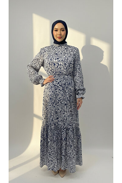 snmbutik Hijab-Friendly Belted Viscose Long Dress / Geometric & Plain Patterned