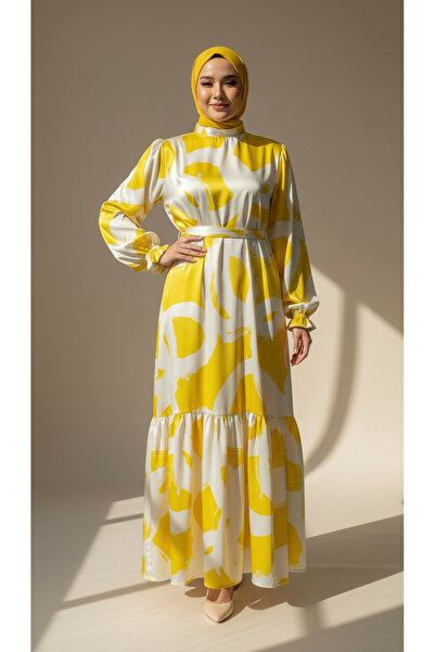 snmbutik Hijab-Friendly Belted Viscose Long Dress / Geometric & Plain Patterned