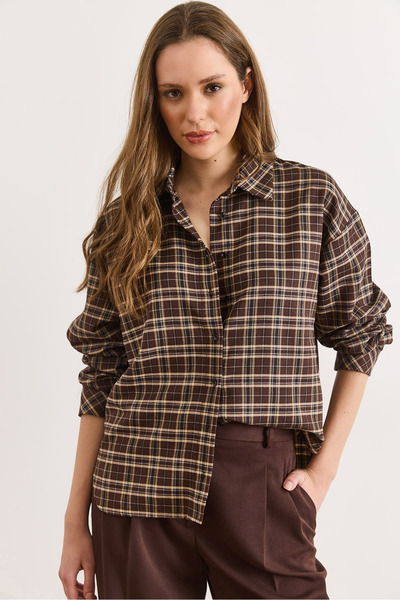 Olalook Women's Brown Plaid Comfortable Fit Shirt Gml-19001404