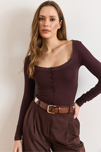 Olalook Women's Brown Pool Collar Lace Detailed Buttoned Cardigan Blouse Blz-19003191