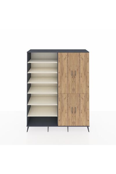 Dienni Hyperion Gardrop 8 Raflı 4 Kapaklı 2 Askılı 176x44x221 Antrasit-Çam/Ay...