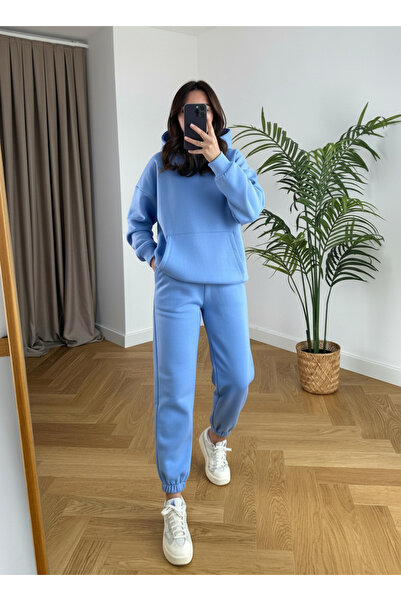 BARLİZ Women's 3-Thread Fleece-Lined Loose Oversized Basic Tracksuit Set