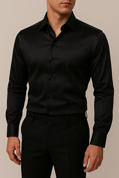 Zikuv Cămașă pentru bărbați, neagră, slim fit, cu mânecă lungă, ușor de călca...