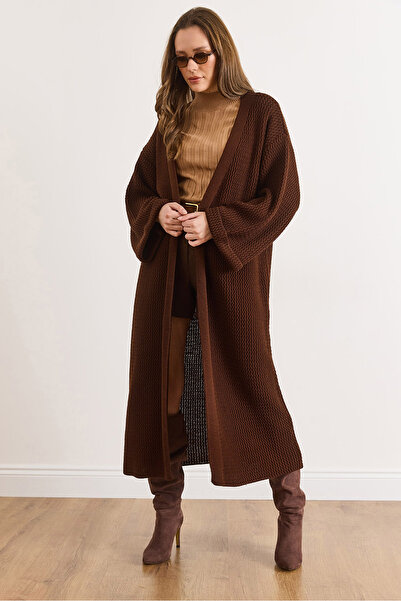 Olalook Women's Bitter Brown Cuffed Folded Maxi Knit Cardigan Hrk-19000297