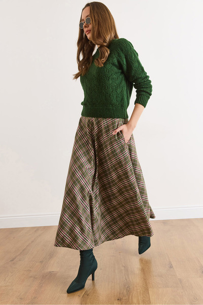 Olalook Women's Green Zippered Plaid Maxi Bell Skirt Etk-19000378