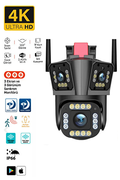 Sarftech 3 Lensli Sirenli Hareket Takipli 4K Sirenli IP66 Wifi Akıllı Takip Su Geçirmez IP Güvenlik Kamerası