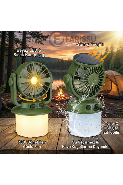 farissu Solar Güneş Enerjili ve USB Şarjlı Fanlı Kamp Lambası - 1800mAh Batarya, IP55 Su Geçirmez,