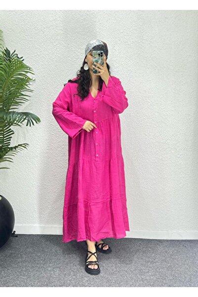 Ranasubaşı فستان طويل مريح من الكتان بنسبة 100% باللون الفوشيا