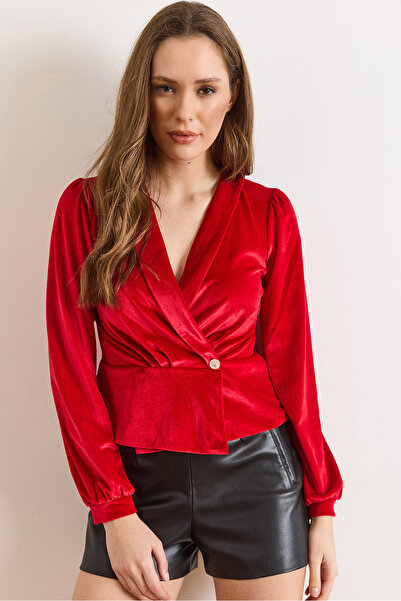 Olalook Women's Red Velvet Single Button Detailed Cardigan Blouse Blz-19003185