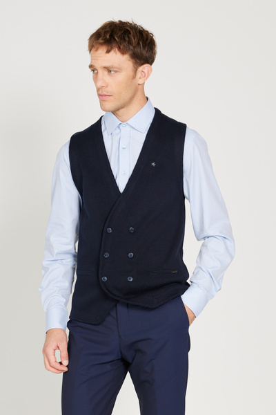 ALTINYILDIZ CLASSICS Navy Blue Standard Fit Regular Cut Double-Breasted Collar Knitwear Vest