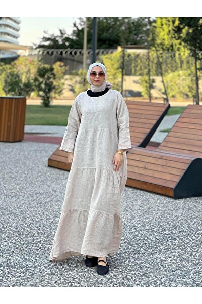 Ranasubaşı Keten Kat Kat Model Elbise Krem