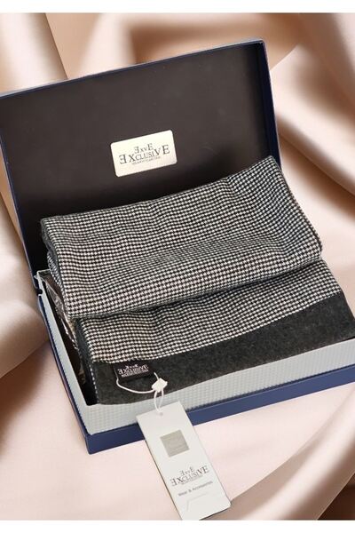 Exve Exclusive Smoked White Houndstooth Shawl with Double-Sided Wool Scarf in Gift Pu Leather Box Ribbed Knit