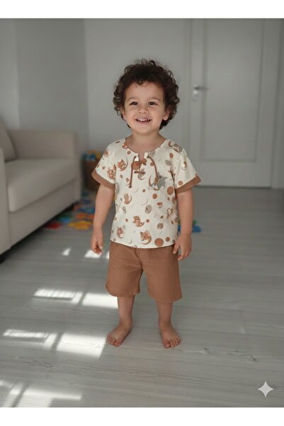 ruhaay طقم ملابس علوية وسفلية للأطفال من الموسلين بأكمام قصيرة