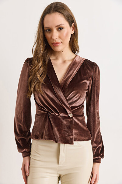 Olalook Women's Brown Velvet Single Button Detailed Cardigan Blouse Blz-19003185