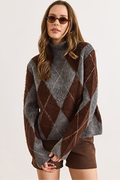 Olalook Women's Gray Mock Neck Diamond Thick Knit Sweater Kzk-19001093