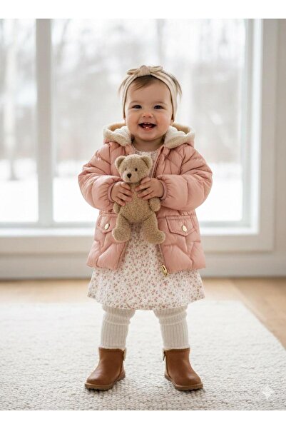 mayakids İÇ KISMI PELUŞ PUDRA DÜZ RENK ŞİŞME KIZ BEBEK MONT