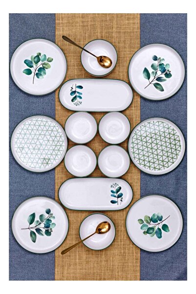 Noon East 14-Piece Porcelain Breakfast Set, Serves 6, Green Leaf Pattern