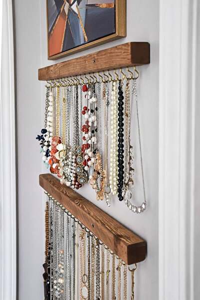 Wooden Factory 2 Adet Ahşap Takı Düzenleyici – 50 cm Duvara Monte Toplam 42 Kancalı Kolye & Küpe Askılığı