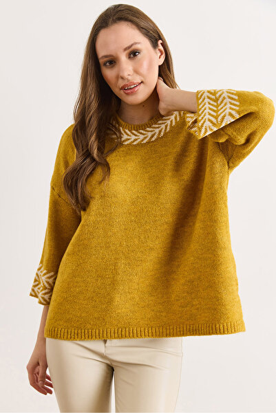 Olalook Women's Mustard Cuff Sleeve Detailed Three Quarter Knit Sweater Kzk-19000975