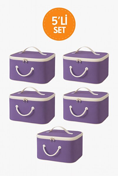 HİG HOME 5'li Set Mor Şeffaf Kapaklı Hurç – 28x32x15 cm Orta Boy Dolap İçi Kı...