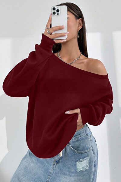 GHASSY CO. Women's Boat Neck 100% Cotton 3 Thread Fleece-Lined Thermal Winter Sports Top Model Sweatshirt