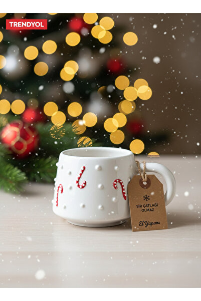 TheSeaFit El Yapımı Yılbaşı Özel Seramik Kupa – Şeker Kamışı Detaylı, Sır Çatlağı Olmaz