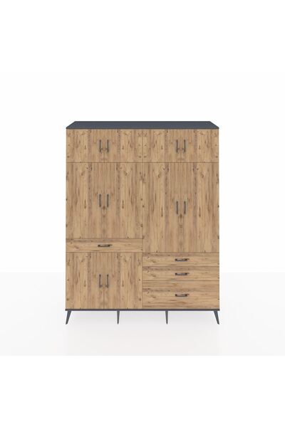 Dienni Hyperion Gardrop 5 Raflı 4 Çekmeceli 2 Askılı 176x44x221 Antrasit-Çam
