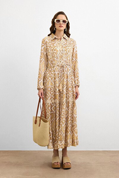 Ranasubaşı فستان بنمط إيكات ذهبي - بيج