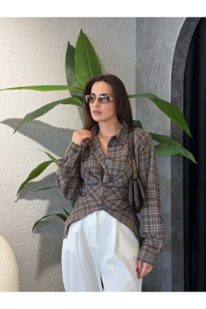 By Merve Darende Kahve Ekose Belden Oturtmalı Vatkalı Gömlek