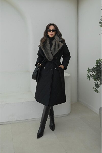 Havoş Palton matlasat cu blană negru Derek