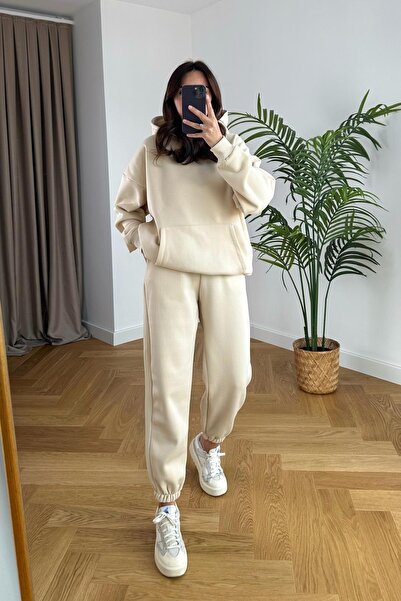 BARLİZ Kadın 3iplik Şardonlu Bol Oversize Basic Eşofman Takımı