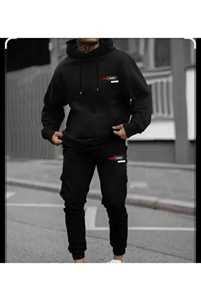 özcstore بدلة رياضية بقلنسوة مع شعار باريس مطبوع للرجال/النساء