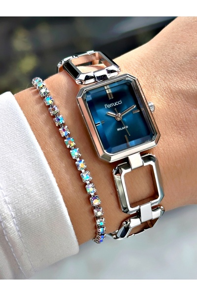 Ferrucci LACİVERT KADRANLI KARE GÜMÜŞ METAL KADIN KOL SAATİ