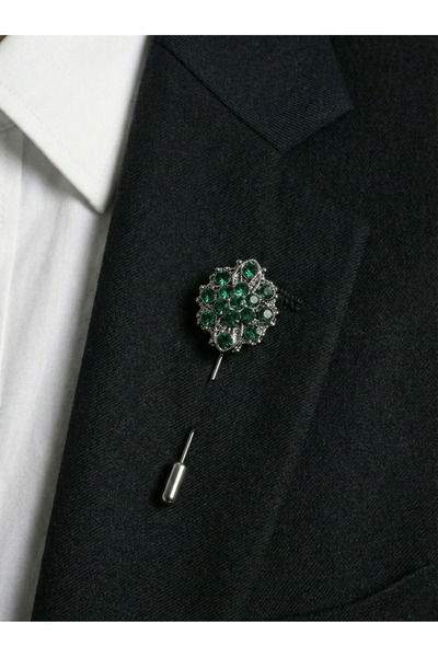 Le Voux Antrasit Gri Renginde Yeşil Taş Detaylı Ceket Yaka İğnesi Broş