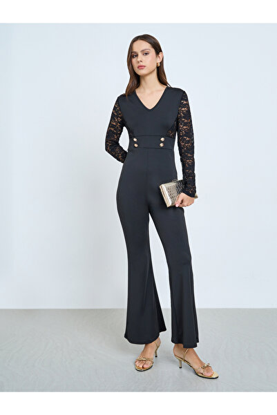 Take Two By Styli Black Lace Sleeve Flared Jumpsuit