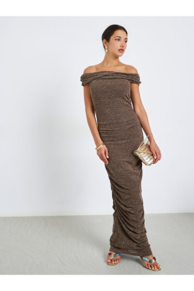 Styli Women Brown Off Shoulder Bodycon Midi Dress