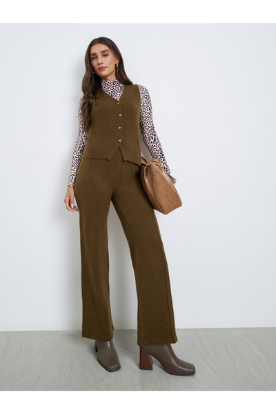 Styli Women Olive Flat Knit Wide Leg Pants