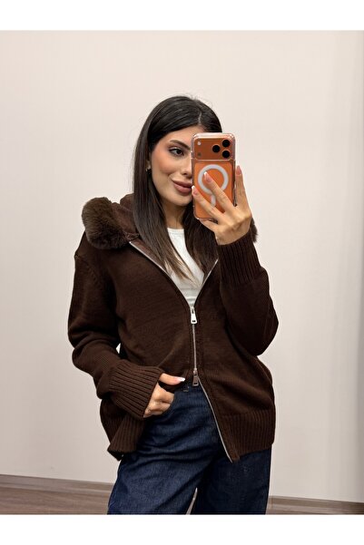 LOISY Women's Fur Detailed Hooded Cardigan