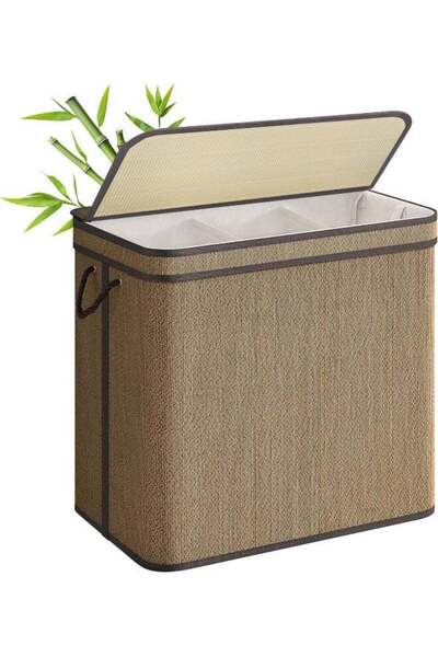 Generic SongMix Large 3-Compartment Laundry Hamper with Lid, 44.9 gal (170 L), Brown