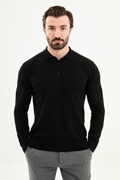 Mcr Corded Fabric Slim Fit Polo Neck Men's Knitwear Sweater Black - 11573.25K