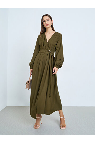Take Two By Styli Khaki Belted Balloon Sleeve Maxi Dress